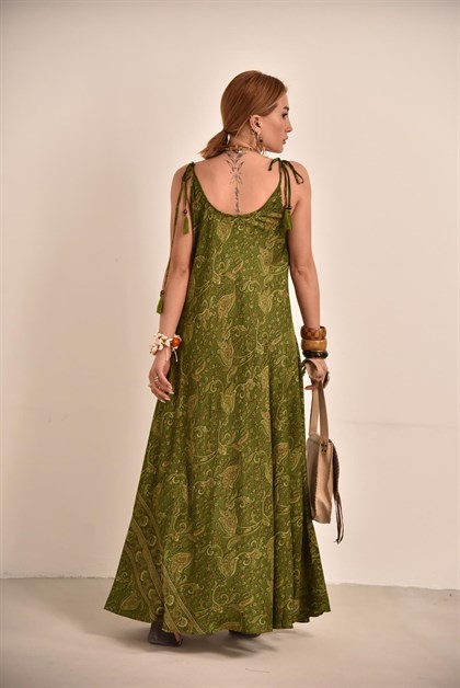 Koyu Yeşil Şal Desenli Askılı İpek Elbise - Şaman Butik Koyu Yeşil Şal Desenli Askılı İpek Elbise