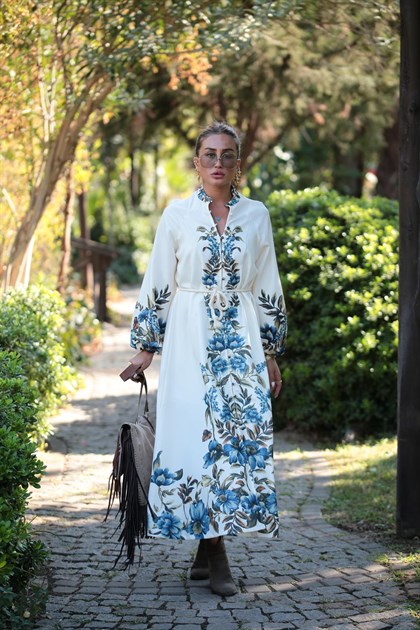 Krem Çiçek Desenli Kolları Lastikli Uzun Elbise - Şaman Butik Krem Çiçek Desenli Kolları Lastikli Uzun Elbise
