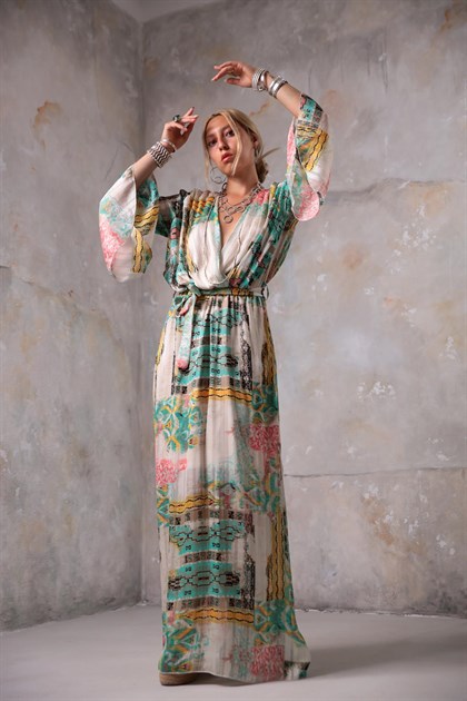 Krem Rengi Desenli Sim Detaylı Uzun Elbise - Şaman Butik - Bohem Giyim ve Aksesuar | Kadın & Erkek Krem Rengi Desenli Sim Detaylı Uzun Elbise
