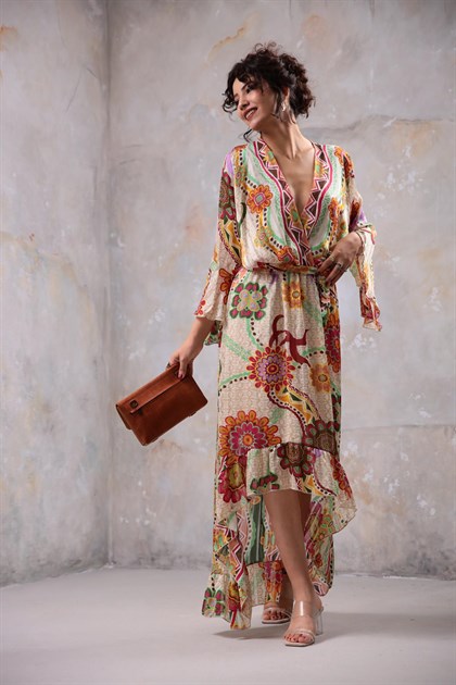 Krem Rengi Desenli Sim Detaylı Uzun Elbise - Şaman Butik Krem Rengi Desenli Sim Detaylı Uzun Elbise