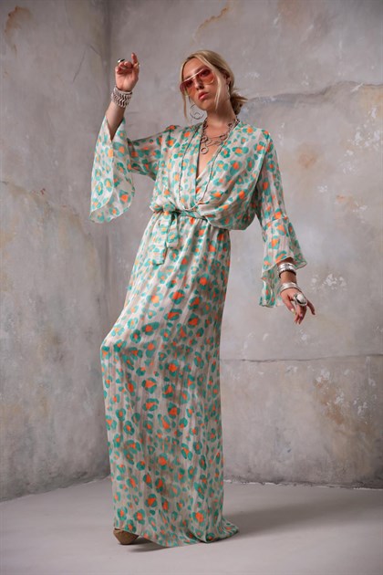 Krem Rengi Desenli Sim Detaylı Uzun Elbise - Şaman Butil Krem Rengi Desenli Sim Detaylı Uzun Elbise
