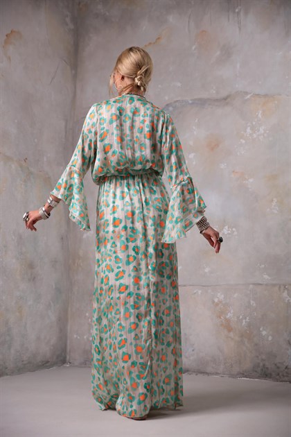 Krem Rengi Desenli Sim Detaylı Uzun Elbise - Şaman Butil Krem Rengi Desenli Sim Detaylı Uzun Elbise