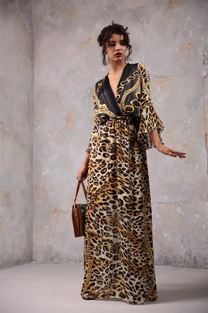 Krem Rengi Desenli Sim Detaylı Uzun Elbise - Şaman Butik Krem Rengi Desenli Sim Detaylı Uzun Elbise