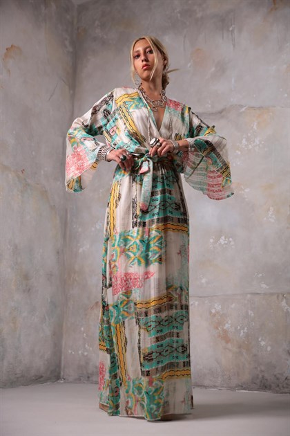 Krem Rengi Desenli Sim Detaylı Uzun Elbise - Şaman Butik - Bohem Giyim ve Aksesuar | Kadın & Erkek Krem Rengi Desenli Sim Detaylı Uzun Elbise
