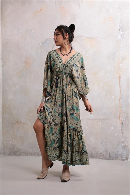 Krem Rengi Önü Arkası V Yaka İpek Elbise - Şaman Butik Krem Rengi Önü Arkası V Yaka İpek Elbise