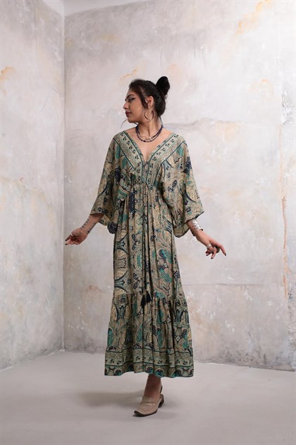 Krem Rengi Önü Arkası V Yaka İpek Elbise - Şaman Butik Krem Rengi Önü Arkası V Yaka İpek Elbise