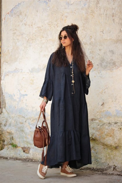 Lacivert Eteği Fırfırlı İspanyol Kol Keten Elbise - Şaman Butik Lacivert Eteği Fırfırlı İspanyol Kol Keten Elbise