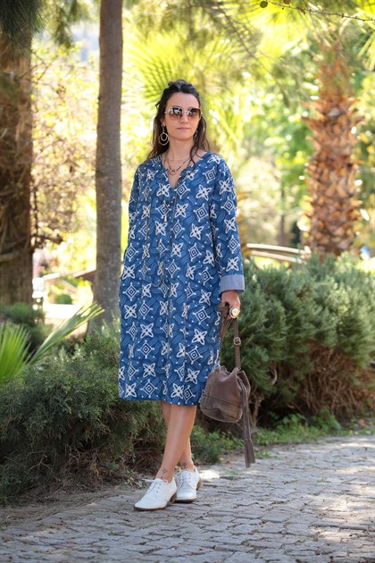 Lacivert Yakası Kesik Desenli Elbise - Şaman Butik Lacivert Yakası Kesik Desenli Elbise