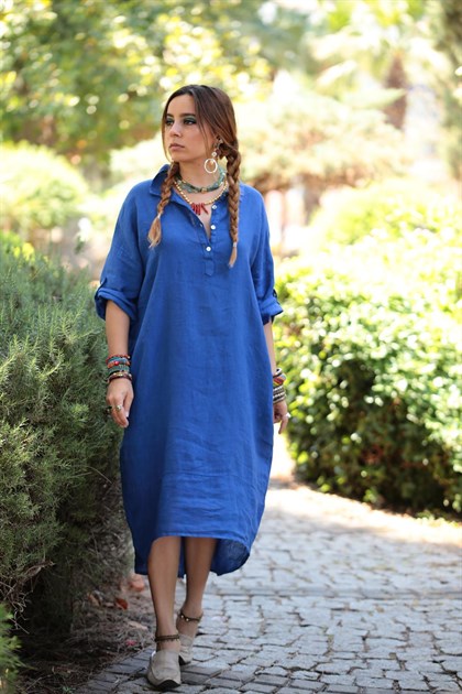 Mavi Arkası Halkalı Gömlek Elbise - Şaman Butik  - Bohem Giyim ve Aksesuar | Kadın & Erkek Mavi Arkası Halkalı Gömlek Elbise