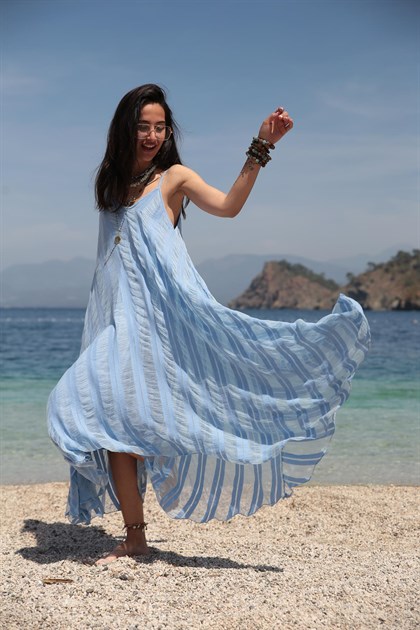 Mavi Askılı Çizgili Elbise - Şaman Butik Mavi Askılı Çizgili Elbise