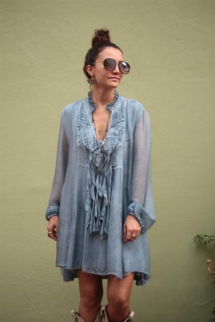 Mavi V Yaka Yakası Püsküllü Düğme Detay Elbise - Şaman Butik Mavi V Yaka Yakası Püsküllü Düğme Detay Elbise