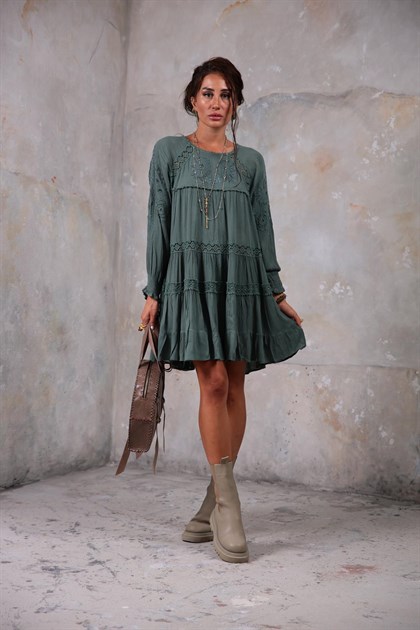 Mint Yeşili Dantelli Kolu Lastikli Bohem Elbise - Şaman Butik - Bohem Giyim ve Aksesuar | Kadın & Erkek Mint Yeşili Dantelli Kolu Lastikli Bohem Elbise