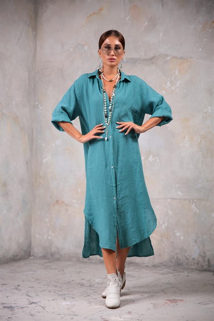 Mint Yeşili Yırtmaçlı Keten Gömlek Elbise - Şaman Butik Mint Yeşili Yırtmaçlı Keten Gömlek Elbise