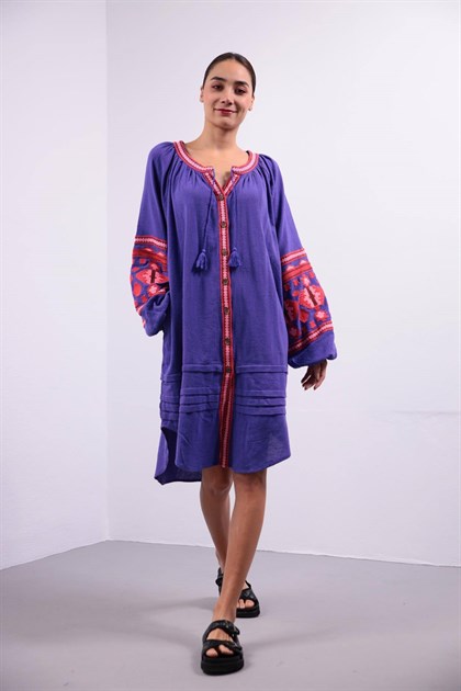 Mor Önü Full Düğmeli İşlemeli Elbise - Şaman Butik Mor Önü Full Düğmeli İşlemeli Elbise
