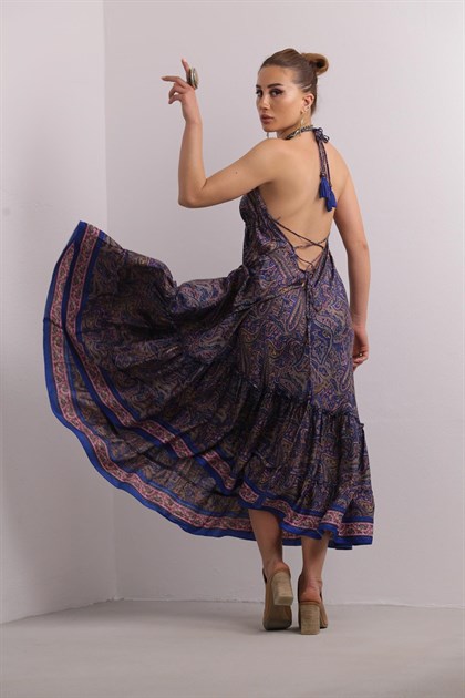 Pembe Şal Desenli İp Askılı Derin Sırt Dekolteli Elbise - Şaman Butik Pembe Şal Desenli İp Askılı Derin Sırt Dekolteli Elbise