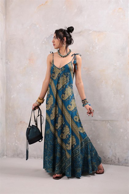 Petrol Mavisi Şal Desenli Askılı İpek Elbise - Şaman Butik Petrol Mavisi Şal Desenli Askılı İpek Elbise