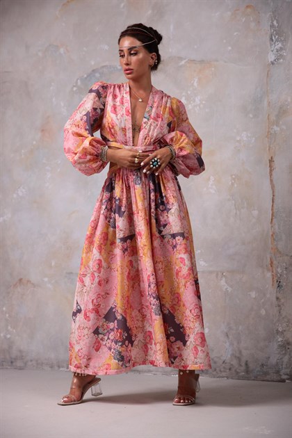 Pudra Pembe Çiçek Desenli Sırt Dekolteli Şık Elbise - Şaman Butik Pudra Pembe Çiçek Desenli Sırt Dekolteli Şık Elbise