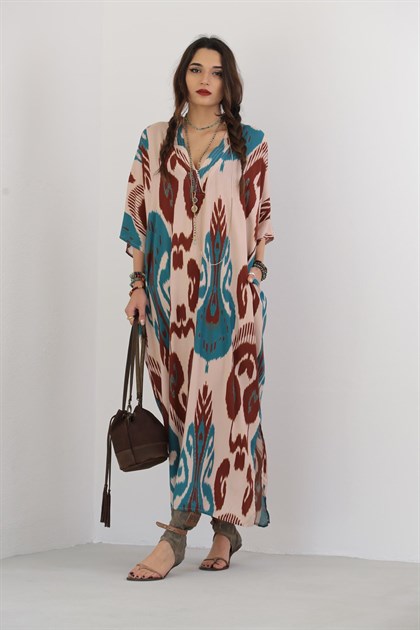Pudra Pembe Kahverengi V Yaka Desenli Elbise - Şaman Butik Pudra Pembe Kahverengi V Yaka Desenli Elbise