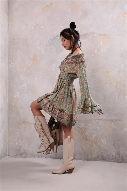 Renkli Desenli Gipeli İspanyol Kol İpek Elbise - Şaman Butik Renkli Desenli Gipeli İspanyol Kol İpek Elbise