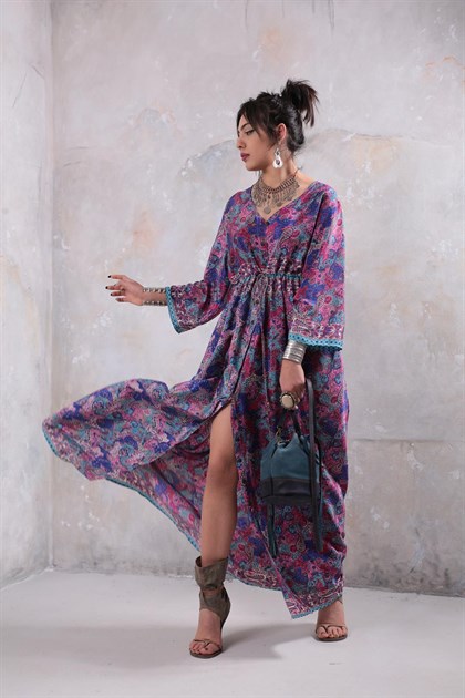 Renkli Şal Desen İpek Gömlek Elbise - Şaman Butik Renkli Şal Desen İpek Gömlek Elbise