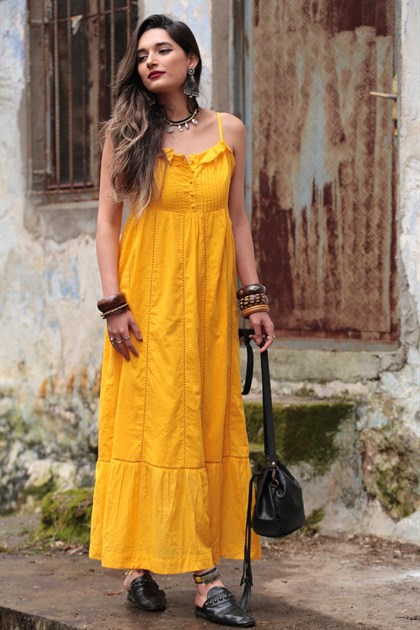 Sarı Askılı Güpürlü Elbise - Şaman Butik Sarı Askılı Güpürlü Elbise