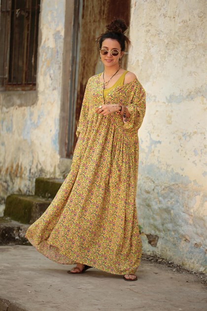 Saman Butik | Shop Online Sarı Çiçekli Önü Düğmeli Elbise
