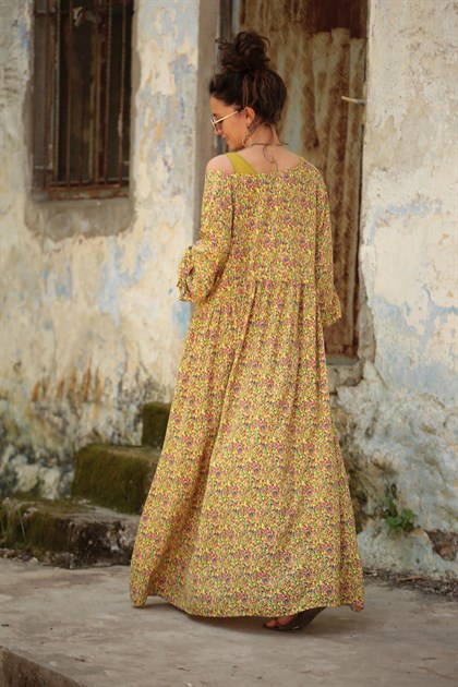 Saman Butik | Shop Online Sarı Çiçekli Önü Düğmeli Elbise