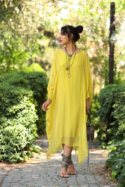 Sarı Yarasa Kol Uzun İpek Elbise - Şaman Butik Sarı Yarasa Kol Uzun İpek Elbise