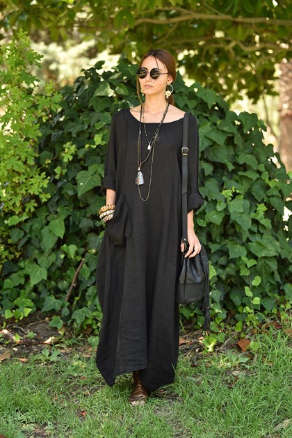 Siyah Arkası Dantelli Kısa Kol Keten Elbise - Şaman Butik Siyah Arkası Dantelli Kısa Kol Keten Elbise
