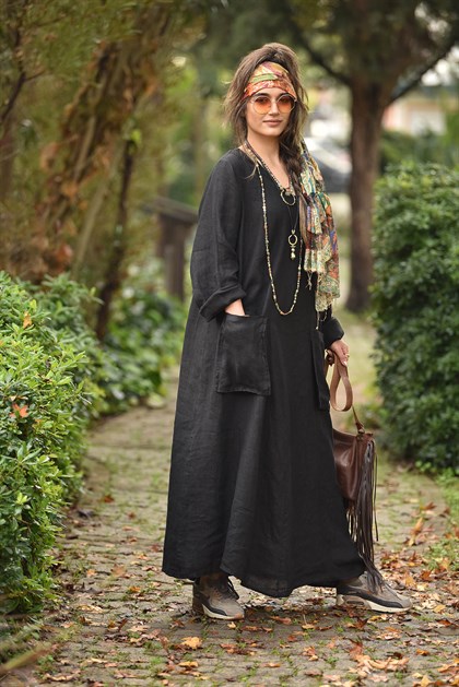 Siyah Arkası Önü V Yaka Cepli Elbise - Şaman Butik  - Bohem Giyim ve Aksesuar | Kadın & Erkek Siyah Arkası Önü V Yaka Cepli Elbise