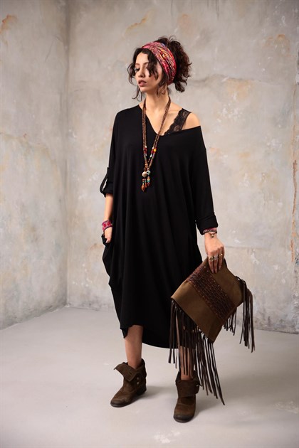  Siyah Asiye  Cepli Triko Elbise - Şaman Butik - Bohem Giyim ve Aksesuar | Kadın & Erkek  Siyah Asiye  Cepli Triko Elbise