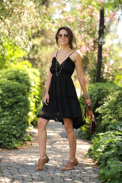 Siyah Askılı Sırtı Açık Şifon Elbise - Şaman Butik Siyah Askılı Sırtı Açık Şifon Elbise