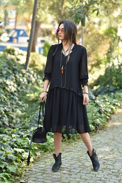 Siyah Astarlı Şifon Elbise - Şaman Butik Siyah Astarlı Şifon Elbise