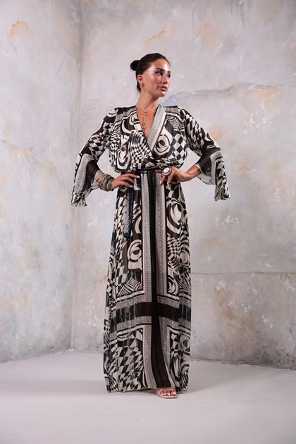 Siyah Desenli Sim Detaylı Uzun Elbise - Şaman Butik Siyah Desenli Sim Detaylı Uzun Elbise
