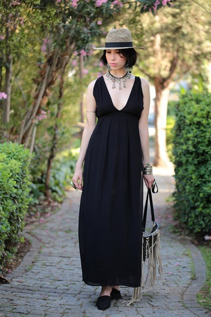 Siyah İp Askılı Şifon Elbise - Şaman Butik Siyah İp Askılı Şifon Elbise