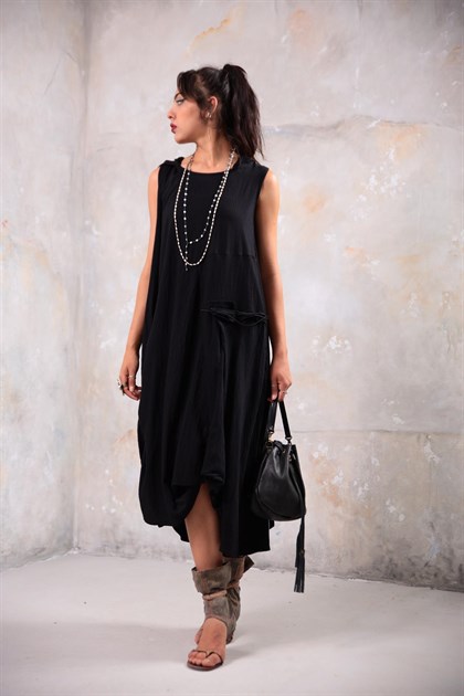 Siyah Kapüşonlu Kolsuz Kontes Elbise - Şaman Butik Siyah Kapüşonlu Kolsuz Kontes Elbise