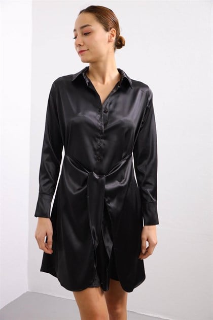 Siyah Kendinden Kalın Kuşaklı Elbise - Şaman Butik Siyah Kendinden Kalın Kuşaklı Elbise