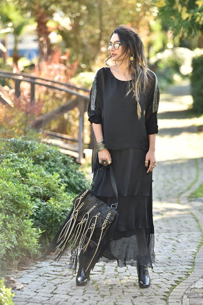 Siyah Omuzu Pul İşlemeli İpek Kat Kat Elbise - Şaman Butik  - Bohem Giyim ve Aksesuar | Kadın & Erkek Siyah Omuzu Pul İşlemeli İpek Kat Kat Elbise