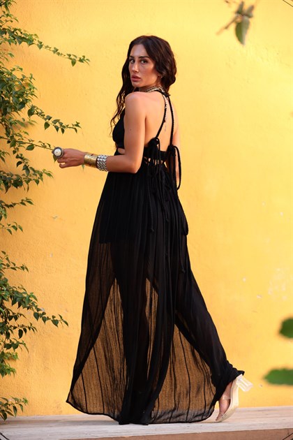 Siyah Pileli Yırtmaçlı Şık Elbise - Şaman Butik Siyah Pileli Yırtmaçlı Şık Elbise