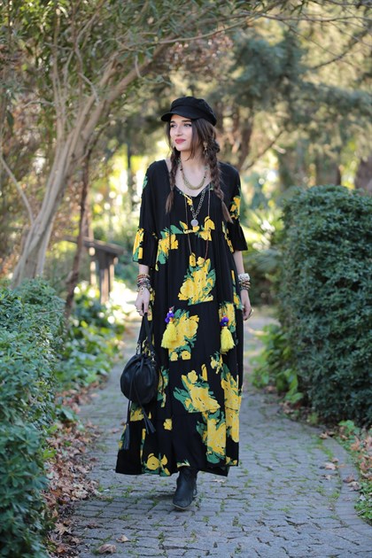 Siyah Sarı Çiçek Desenli Uzun Elbise - Şaman Butik Siyah Sarı Çiçek Desenli Uzun Elbise