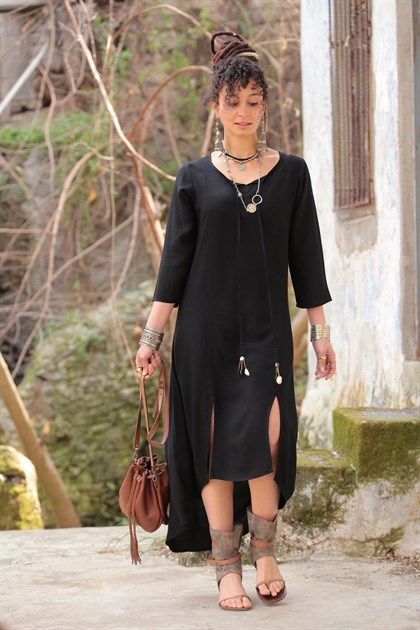 Siyah Truvakar Kol Yırtmaçlı Siyah Tunik Elbise - Şaman Butik Siyah Truvakar Kol Yırtmaçlı Siyah Tunik Elbise