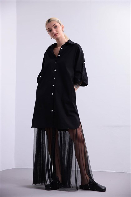 Siyah Tül Detaylı Parçalı Elbise - Şaman Butik Siyah Tül Detaylı Parçalı Elbise