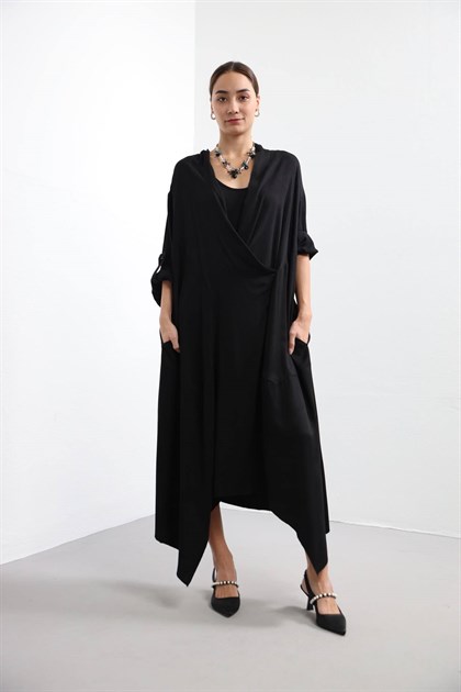 Siyah Yaka Detaylı Viskon Elbise - Şaman Butik Siyah Yaka Detaylı Viskon Elbise
