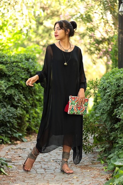 Siyah Yarasa Kol Uzun İpek Elbise - Şaman Butik Siyah Yarasa Kol Uzun İpek Elbise