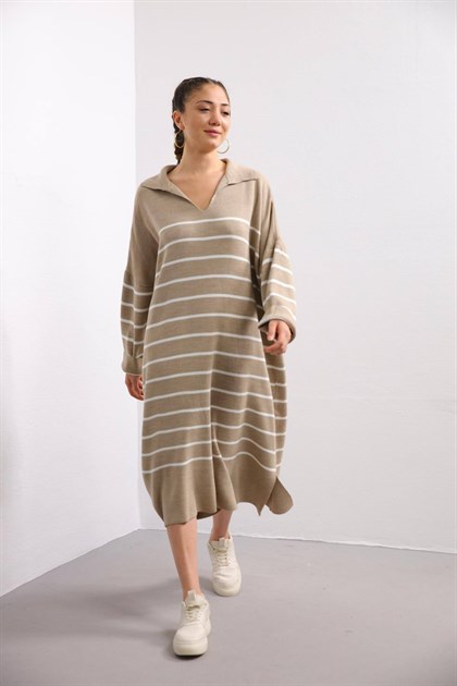 Taş Rengi Çizgili Oversize Elbise - Şaman Butik Taş Rengi Çizgili Oversize Elbise