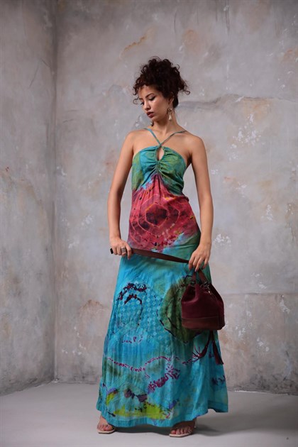 Turkuaz Batik Desenli Askılı Elbise - Şaman Butik Turkuaz Batik Desenli Askılı Elbise