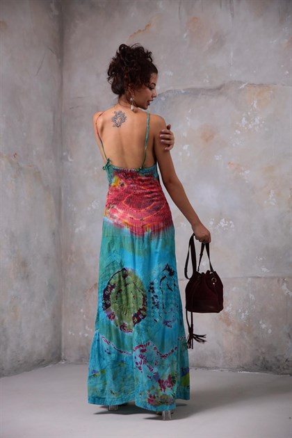 Turkuaz Batik Desenli Askılı Elbise - Şaman Butik Turkuaz Batik Desenli Askılı Elbise