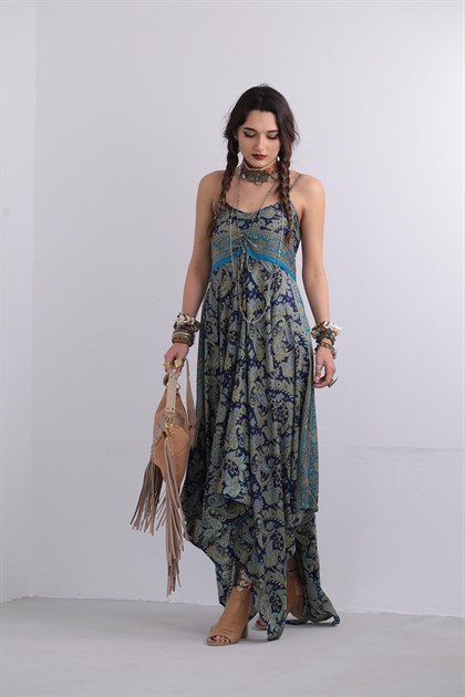 Turkuaz Desenli İp Askılı İpek Elbise - Şaman Butik Turkuaz Desenli İp Askılı İpek Elbise