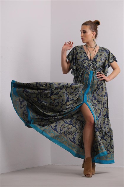 Turkuaz Şal Desenli Düğme Detaylı İpek Elbise - Şaman Butik Turkuaz Şal Desenli Düğme Detaylı İpek Elbise