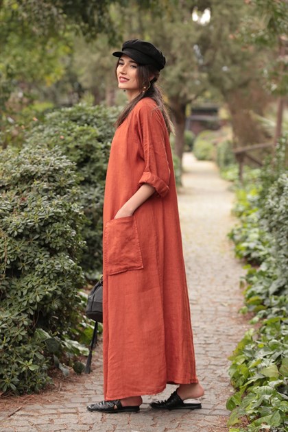 Turuncu Arkası Önü V Yaka Cepli Elbise - Şaman Butik  - Bohem Giyim ve Aksesuar | Kadın & Erkek Turuncu Arkası Önü V Yaka Cepli Elbise